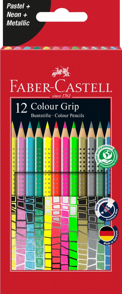 Farbstifte Faber-Castell Grip 2001, Sortiment 12 Farben (Pastell + Neon + Metallic)