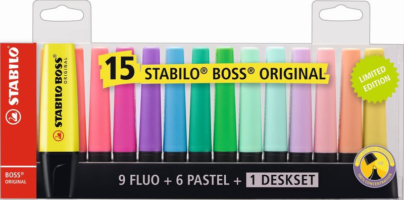 Surligneur Stabilo Boss Original Set de table assortiment de 15 couleurs