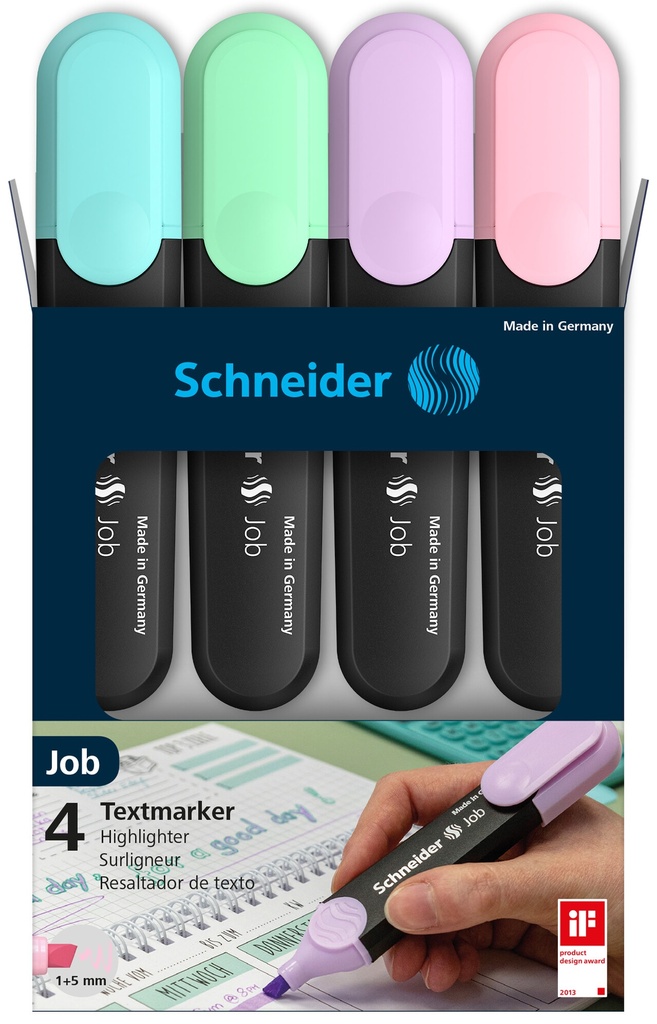 Surligneurs Schneider Job Pastel, assortiment 4 couleurs
