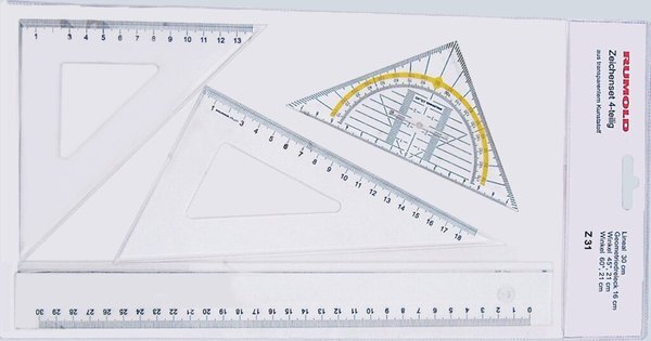 Zeichenset 4-teilig bestehend aus: Lineal 30 cm, Geometriedreieck 16 cm, Winkel 45° 21cm, Winkel 60° 21 cm