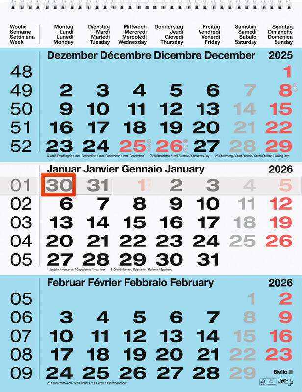 Calendrier mural 3 mois 2026