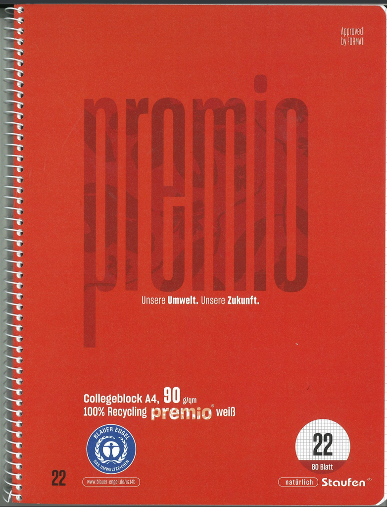 Bloc à spirale A4 90 g/m2 80 feuilles détachable quadrillé 5mm papier 100 % recyclé ange bleu