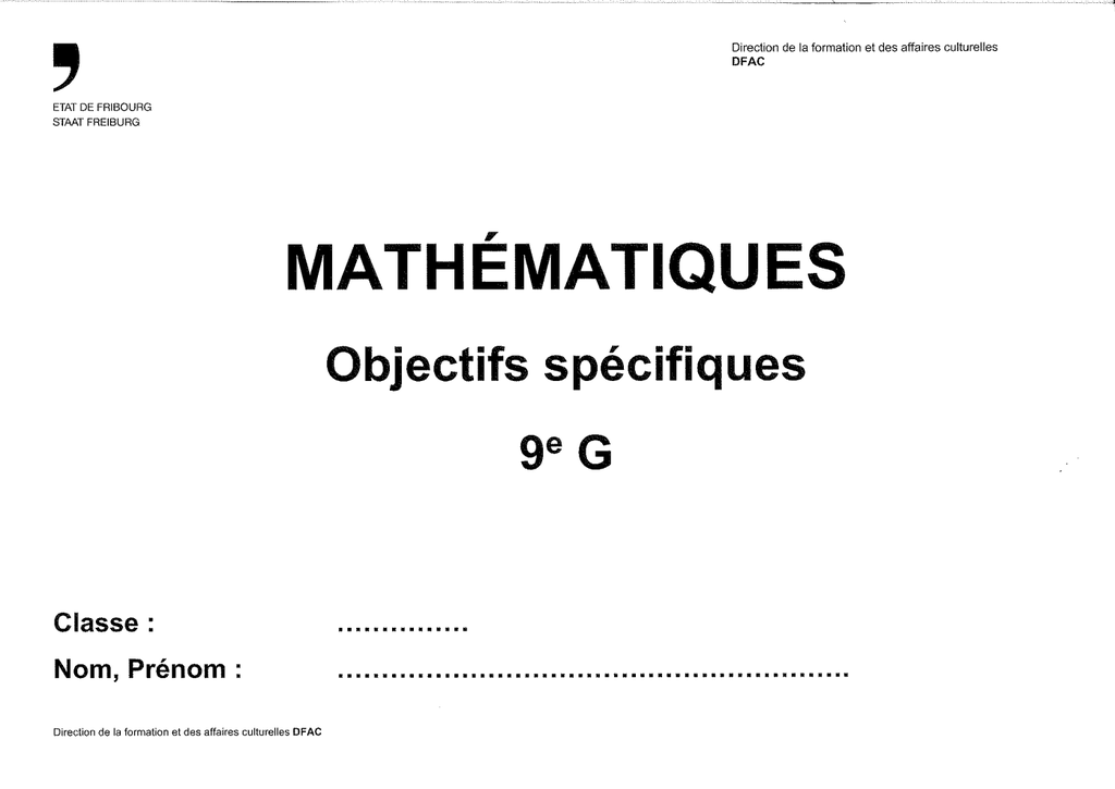 Mathématiques Objectifs spécifiques 9e G