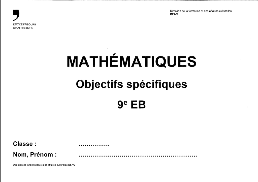 Mathématiques Objectifs spécifiques 9e EB