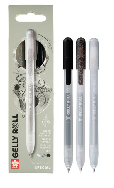 Stylos gel rétractables à encre métallique noir-argent-blanc Gelly Roll Click (bte de 3 pièces)