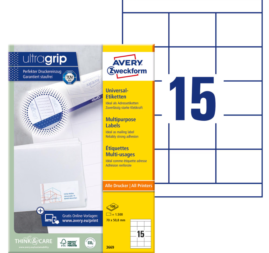 Avery Zweckform Universal-Etiketten 70 x 50.8 mm 3669 (15 pro Blatt)
