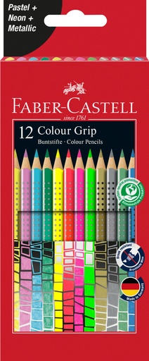 [91.100.513] Crayons de couleur Faber-Castell Grip 2001, assortiment 12 couleurs (pastel + néon + métallic)