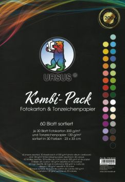 [94.404] Kombi-Pack Fotokarton & Tonzeichenpapier, 60 Blatt sortiert, je 30 Blatt Fotokarton 300 g/m2 und Tonzeichenpapier 130 g/m2 sortiert in 30 Farben,
23 x 33 cm