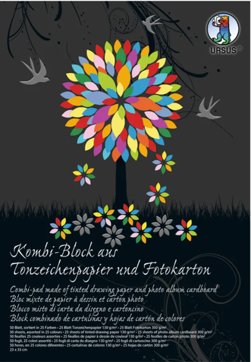 [94.405] Kombi-Block aus Tonzeichenpapier und Fotokarton, 130 g/m2 + 300 g/m2, 23 x 33 cm, 50 Blatt sortiert in 25 Farben