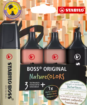 [67.411] Surligneur Stabilo  Boss couleurs nature , assortiment 4 couleurs vert boue,sienne,umbra-gris-vert,marqueur noir
